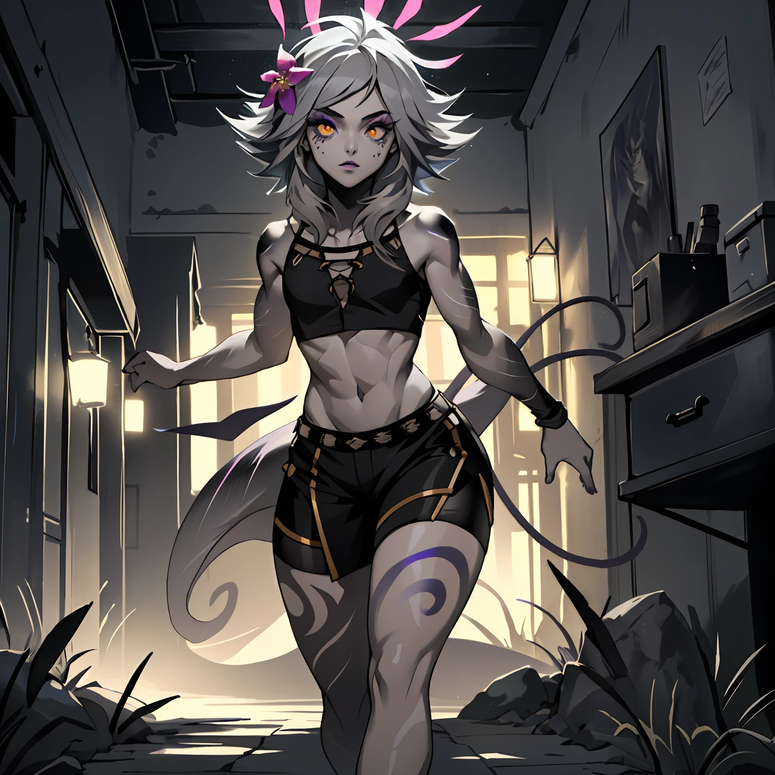 ((Cinematic light, Best quality, 8k, Masterpiece :1.3)), 1girl, Beautiful woman with thin abs :1.4, (light grey hair, small breasts :1.3), hopefully falling, seductive open lips, ultra-detailed face, detailed eyes, double eyelidwork, best quality, hair flower, dark purple body painting, ((calango tail)),((goth)), steamy, sexual teasing, jojo position, hands shining purple, (((black makeup))), light grey skincolor, grey skin, unusual skincolor, ((pale white skin)), black bodypaint, ((black crop top)), jojo pose, ((black shorts)),