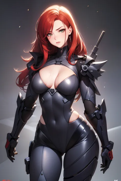 tmasterpiece， High- sharpness， high high quality， 详细的脸， detailed body render，Angry face,Exoskeleton mech， Mobile armor,rubbery,Red and black corset,Yellow beam,collars，NSFW,((Best quality, 8K, Masterpiece:1.3))), Clear focus: 1.2、Armed accessories，arma，bat...