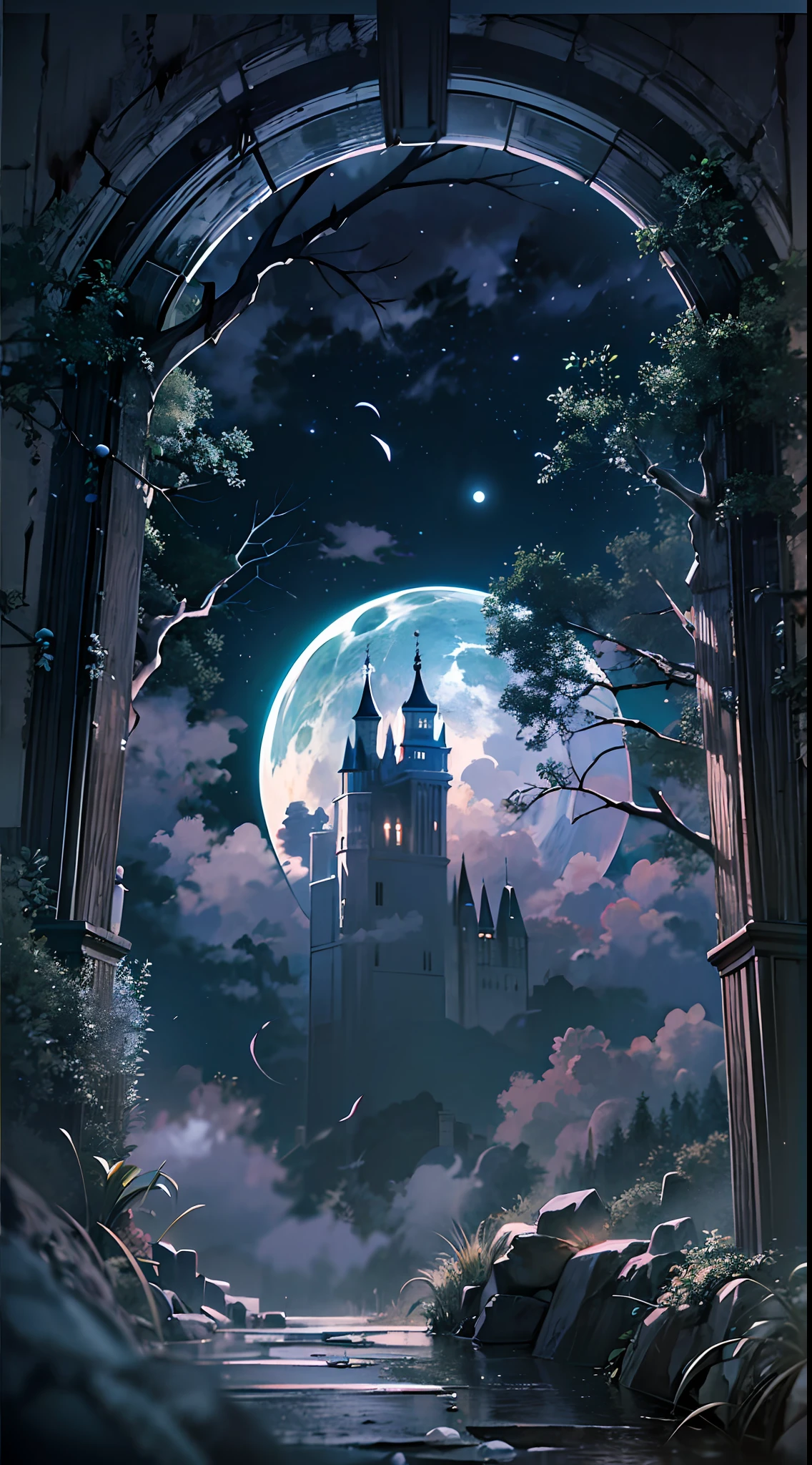 抬头，（月亮 夜晚 奇幻 骷髅 堡垒：1.4），（（骷髅城堡）），树枝，有很多分支机构，淡绿色，绿色，雾 气氛，乌云，swirleysterious 和黑暗，血管，不可思议的，雾 气氛，牙齿密实，不透明，飘带，模糊，乌云密布，（（三种颜色的三个月亮）），清晰细致的图像质量，引人入胜的镜头，柔和的灯光，很棒的细节，透明星空，独特的建筑，闪烁的灯光，主动角色动作，（最好的品质：1.4），杰作，超细，详细，讴歌，景深 ，荒唐、高分辨率、极其详细，（无人值守：1.3），休息，使用棱镜效果创建图像，光折射并产生多彩、万花筒般的外观。 休息 , 设计具有鱼眼镜头效果的图像，以独特的曲面视角捕捉广阔视野。 休息，，斑驳的阳光，宁静的自然之美。 休息 , 描绘单色的世界，仅使用黑色、白色和灰色色调传达深度、情感丰富且极具视觉冲击力。