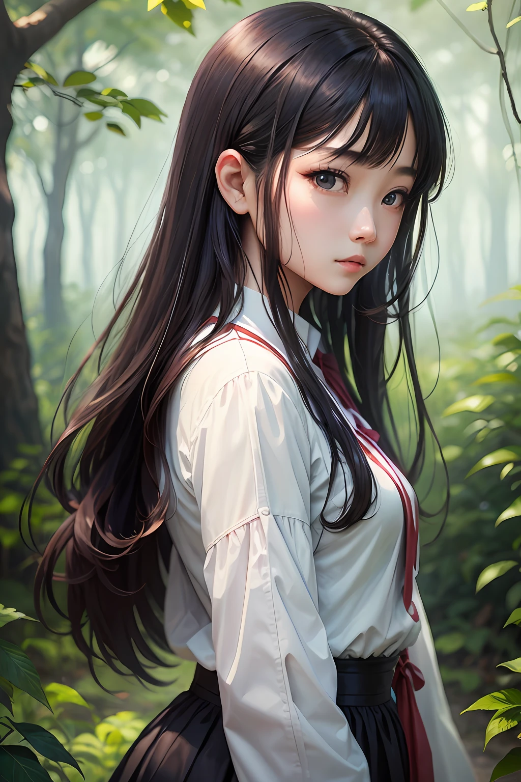 Anime girl with long hair in a white shirt and black skirt - SeaArt AI