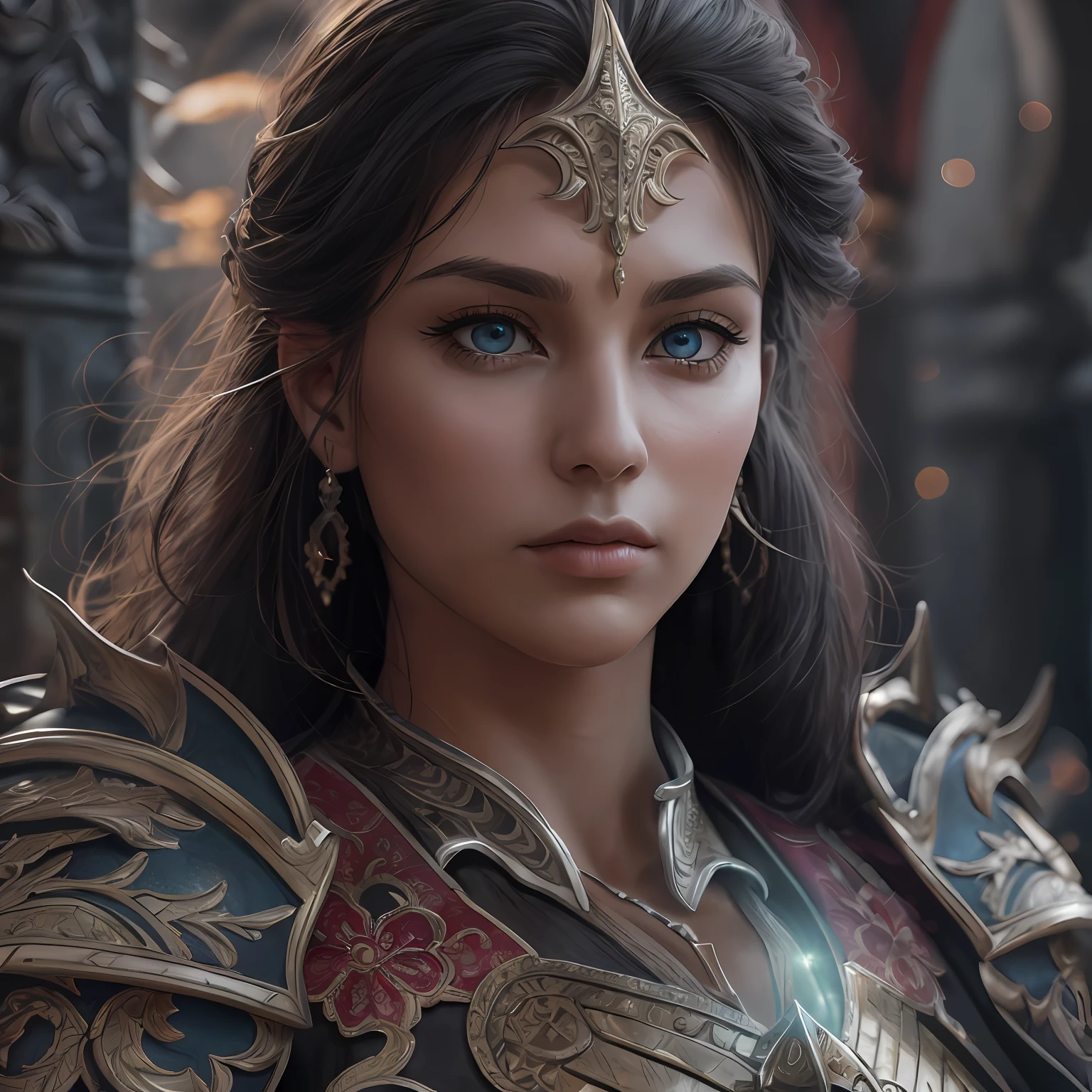 arafed, high details, best quality, 8k, [ultra detailed], masterpiece, best quality, (extremely detailed), dynamic angle, ultra wide shot, RAW, photorealistic, fantasy art, dnd art, rpg art, realistic art, a picture of female human, epic fanatsy paladin, divine warrior, full body, ultra detailed face (1.5) [[anatomically correct]] dynamic position (1.5 intricate details, Masterpiece, best quality) in front of fantasy temple (1.5 intricate details, Masterpiece, best quality), woman wearing bright armor, heavy armor (1.4 intricate details, Masterpiece, best quality), armed with epic sword, epic holy sword, radiant sword, sword sheds bright ligh(1.6, masterpiece), purple cloak (1.3, masterpiece) holy symbol with [bright aura] (1.4 intricate details, Masterpiece, best quality), long hair, dark hair, green eyes intense eyes, fantasy temple background (1.5 intricate details, Masterpiece, best quality) god rays, divine rays ,(1.4 intricate details, Masterpiece, best quality), holy atmosphere, dynamic angle, (1.4 intricate details, Masterpiece, best quality), 3D rendering, high details, best quality, highres, ultra wide angle@EG1
