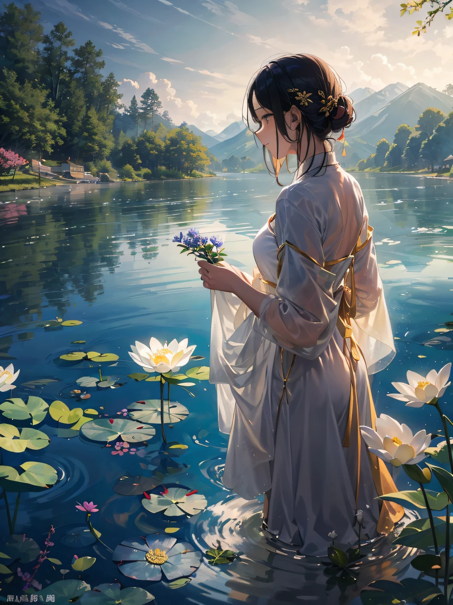 ，masterpiece, best quality，8k, ultra highres，In a peaceful valley，A blue sky covers the entire picture。The morning sun shines on the ground through the sparse leaves，Mottled light and shadow are formed。A young girl wears a long white dress，Standing by the lake，Her long hair is flowing with the wind，A slight golden glow。She holds a blooming blue lotus flower in her hand，The dew on the blue flowers shimmered with a crystal luster。The lake is as calm as a mirror，Reflecting the silhouette of a girl，The whole scene exudes a beauty of tranquility and peace。