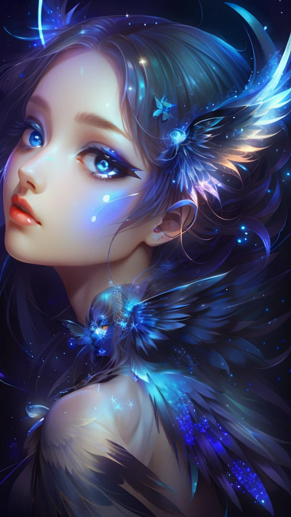 A female angel，Beautiful face，Blue wings grow on the back、with black background，tmasterpiece，best qualtiy