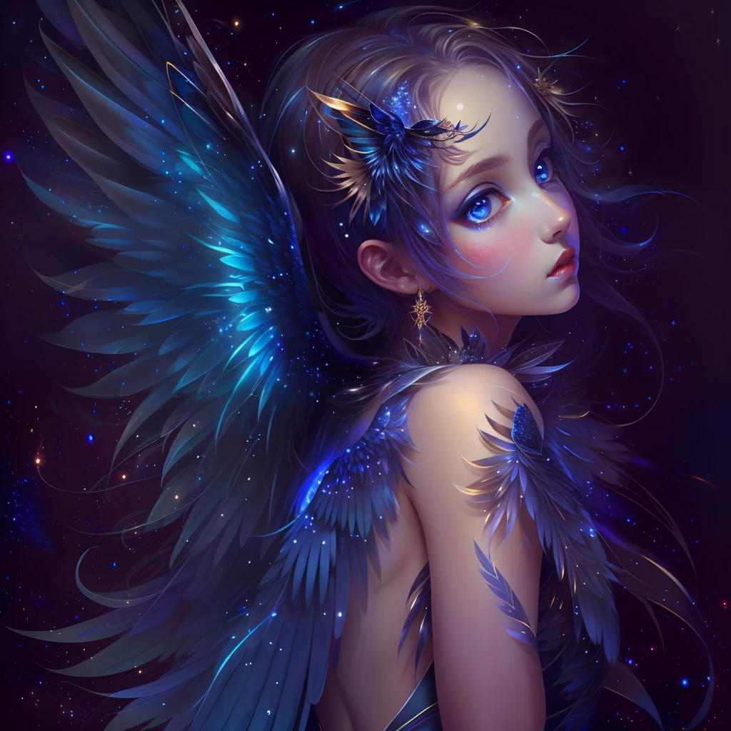 A female angel，Beautiful face，Blue wings grow on the back、with black background，tmasterpiece，best qualtiy