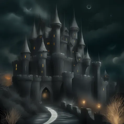The looming moon，Black night，Black wall，Black style castle，A fortress in fantasy，flying bats