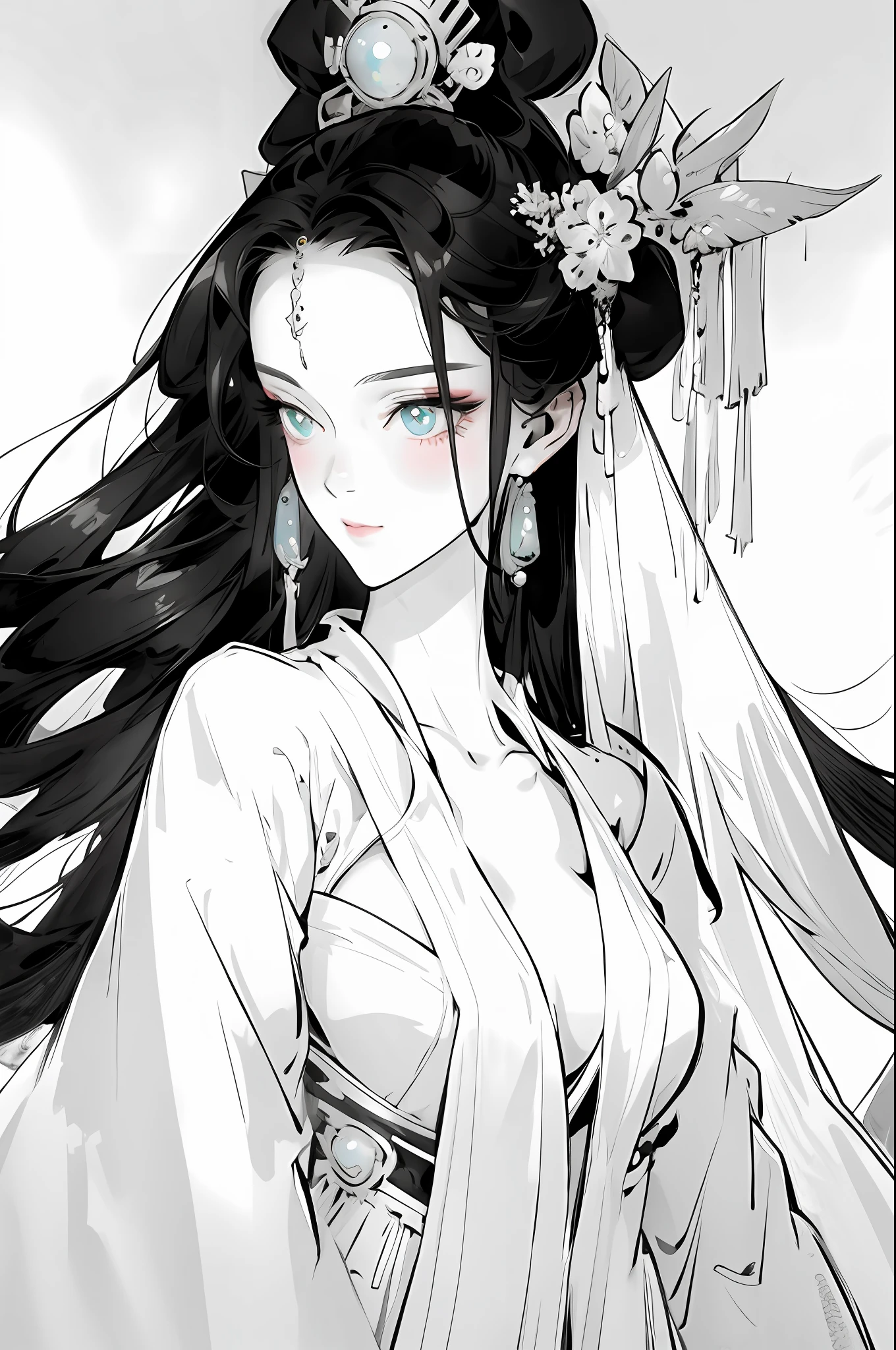 （Beautiful girl dressed in white），Wide sleeves，watery big eyes，Beautiful face and smooth fair skin，s delicate face，cabelos preto e longos，An ancient Chinese beauty，wearing ancient Chinese costume，gossamer，Vivid and bright colors，Vibrant digital illustration，（clean backdrop），Ink painting style，Clean colors，Decisive cut，A white space，unarmed，tmasterpiece， Ultra-delicate，Epic composition，high high quality，HighestQuali，4K