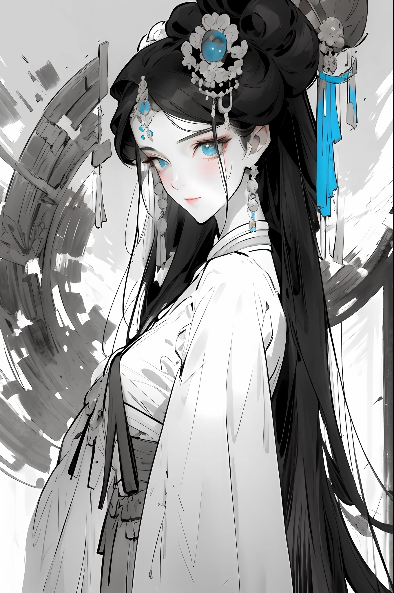 （Beautiful girl dressed in white），Wide sleeves，watery big eyes，Beautiful face and smooth fair skin，s delicate face，cabelos preto e longos，An ancient Chinese beauty，wearing ancient Chinese costume，gossamer，Vivid and bright colors，Vibrant digital illustration，（clean backdrop），Ink painting style，Clean colors，Decisive cut，A white space，unarmed，tmasterpiece， Ultra-delicate，Epic composition，high high quality，HighestQuali，4K