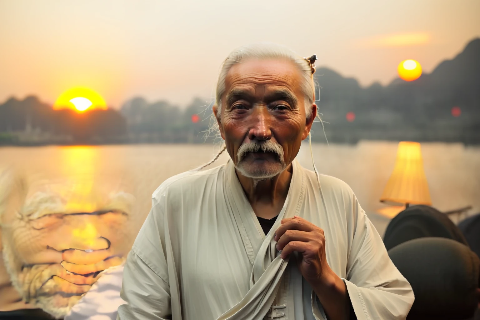 中国人の老人，白髪，髪を結ぶ，ちょび髭，中国の白い古代の衣服