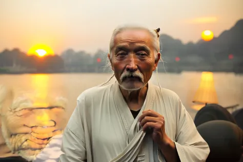 Chinese old man，White hair，tying  hair，short mustache，Chinese white ancient clothes
