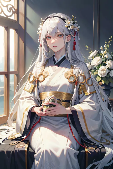 with long coiled hair，鎖骨，white colors， Floral frame， Decorative panels， abstracted，waistup，Hanfu，Beauty God，
photorealestic，Artistically，An Alphonse Mucha's
（tmasterpiece，best qualtiy，A high resolution：1.4），the detail，complexdetails，4K，colored splashing，li...