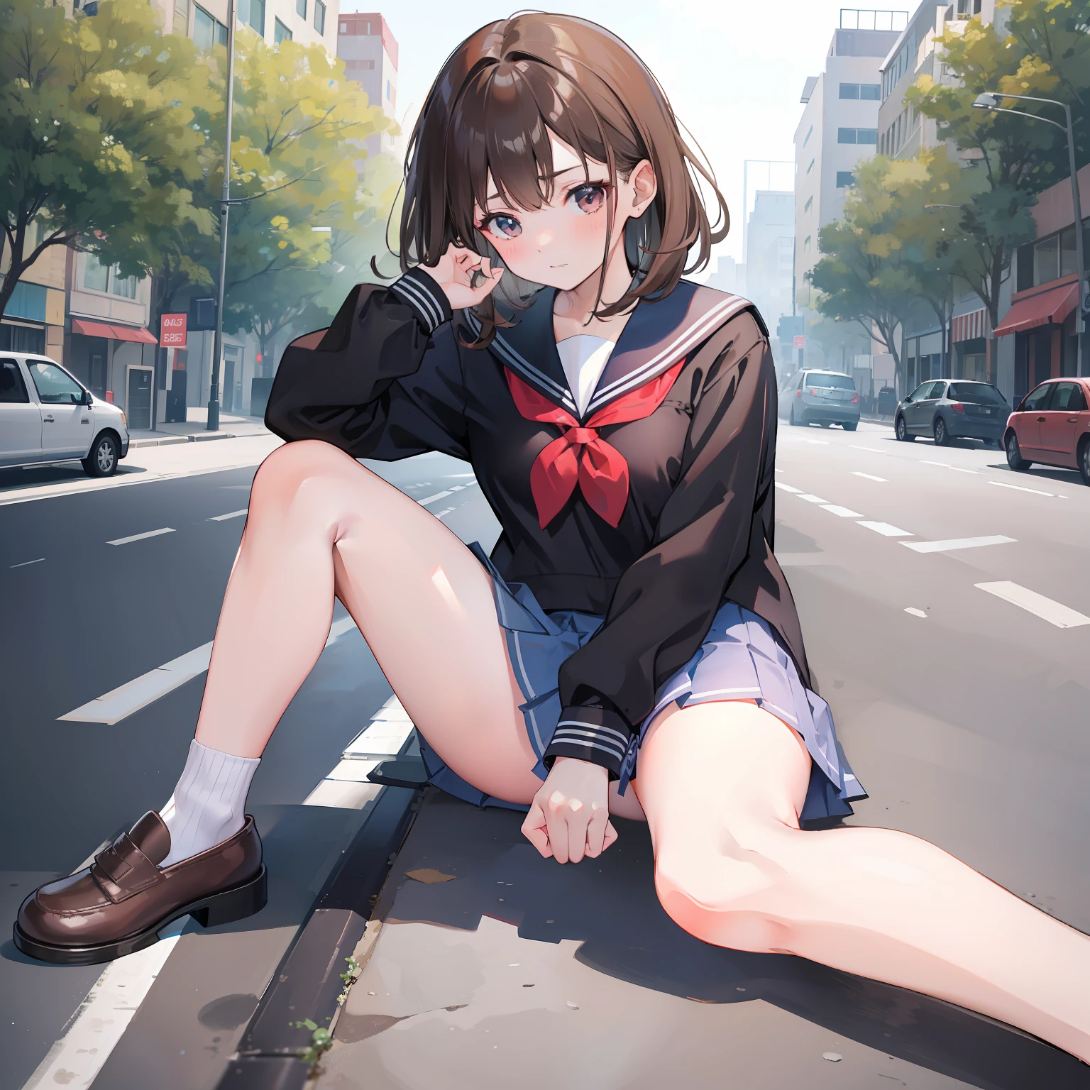 Anime girl sitting on the curb of a city street with her legs crossed -  SeaArt AI