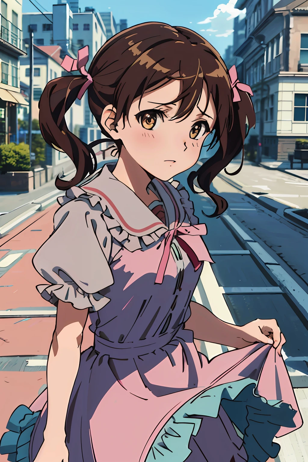 (highres, best quality:1.2), 1girl, radiance, soft contours, beautiful drawing, upper body, concept art, eyelashes, kyoani hyouka style, detailed background, bright colors,
gertrud barkhorn, long low twintails, full-face blush, pink dress with ruffles, bows, pink ribbons,
cityscape,