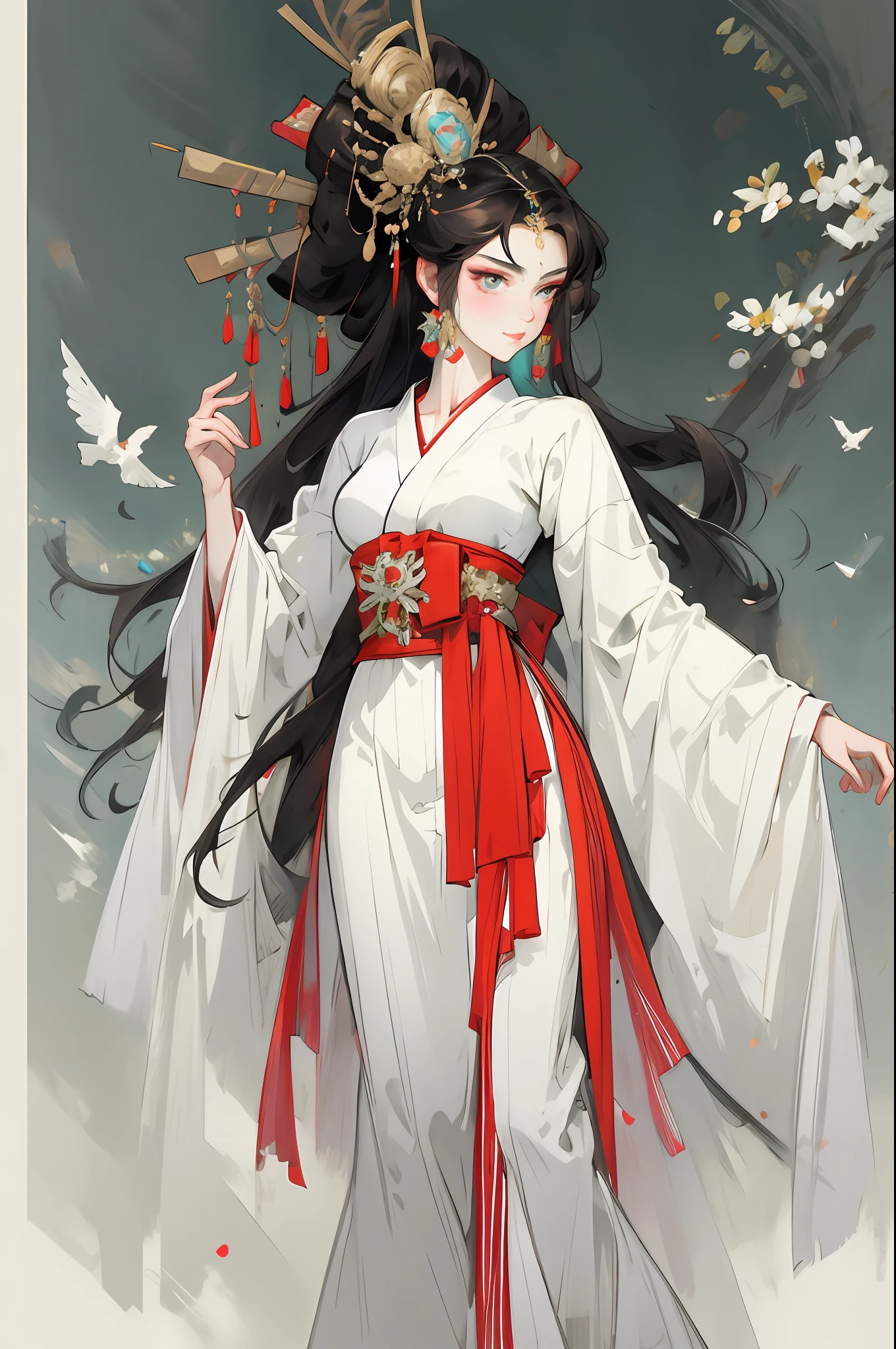 （Beautiful girl dressed in white），Full body standing painting，Wide sleeves，watery big eyes，Beautiful face and smooth fair skin，s delicate face，cabelos preto e longos，An ancient Chinese beauty，wearing ancient Chinese costume，gossamer，Colorful，Vivid and bright colors，Vibrant digital illustration，（clean backdrop），Ink painting style，Clean colors，Decisive cut，A white space，tmasterpiece， Ultra-delicate，Epic composition，high high quality，HighestQuali，4K