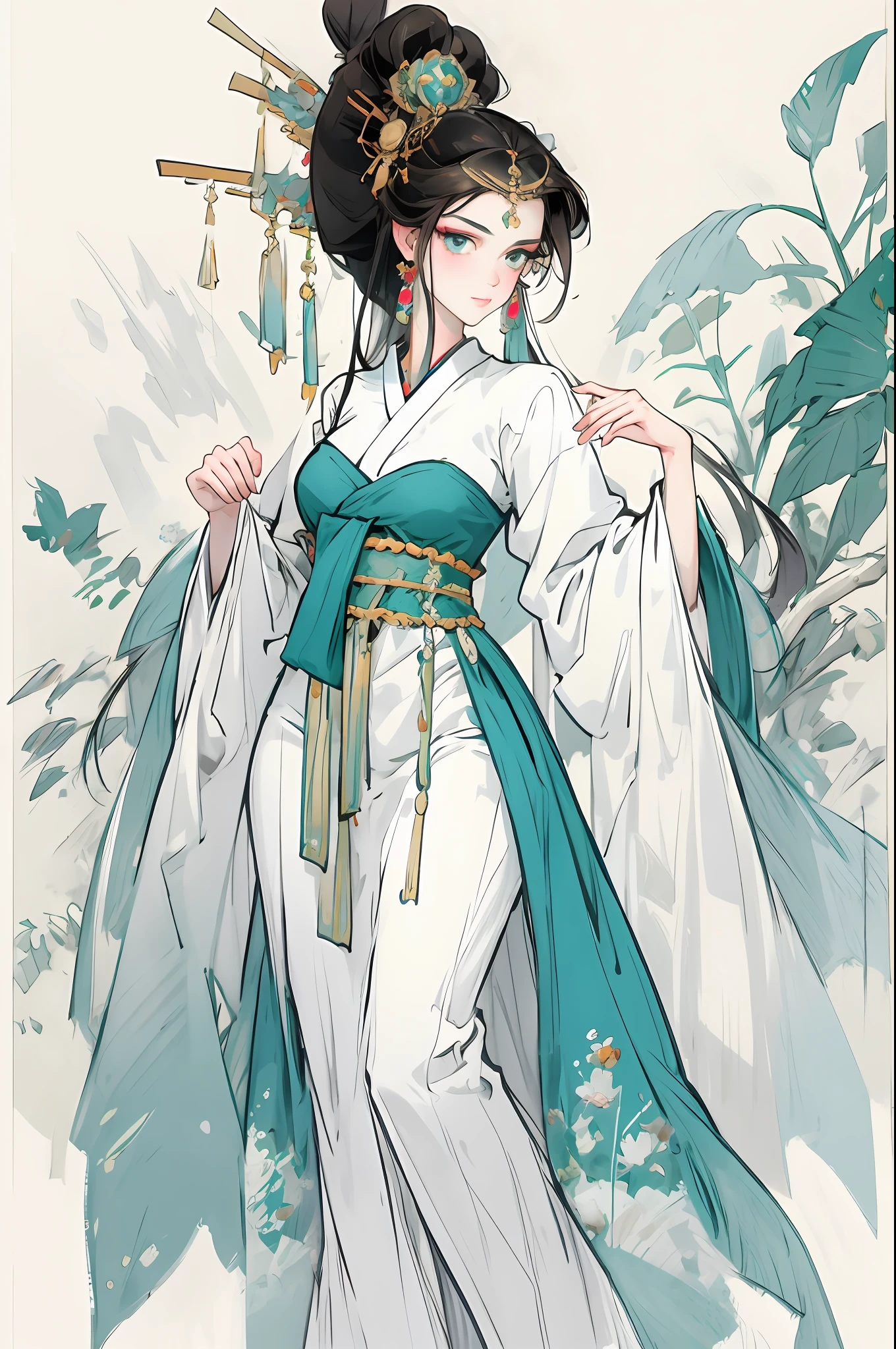 （Beautiful girl dressed in white），Full body standing painting，Wide sleeves，watery big eyes，Beautiful face and smooth fair skin，s delicate face，cabelos preto e longos，An ancient Chinese beauty，wearing ancient Chinese costume，gossamer，Colorful，Vivid and bright colors，Vibrant digital illustration，（clean backdrop），Ink painting style，Clean colors，Decisive cut，A white space，tmasterpiece， Ultra-delicate，Epic composition，high high quality，HighestQuali，4K