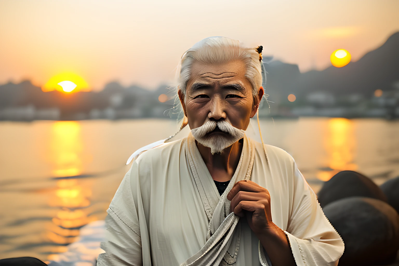 الرجل العجوز الصيني，شعر أبيض，ربط الشعر，شارب قصير，HD 4K，واضح جدا