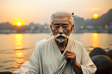 Chinese old man，White hair，tying  hair，short mustache，HD 4K，ultraclear