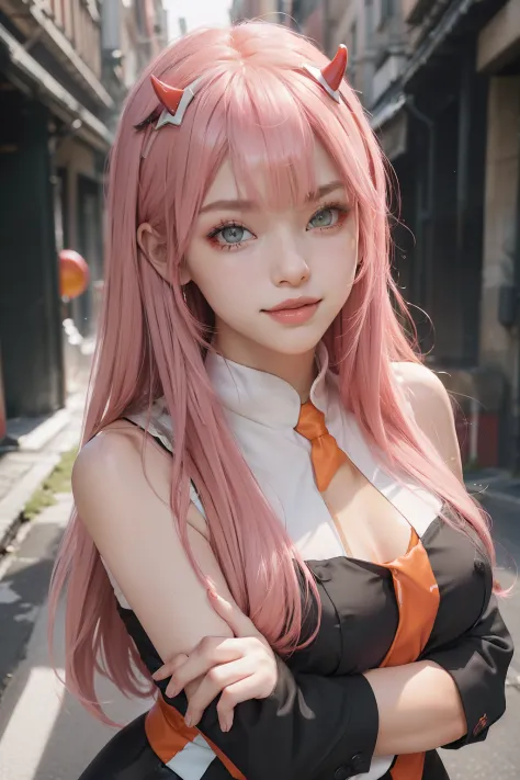 4k, raw camera, highres, masterpiece, portrait, aesthetic, beautiful, best quality, highly detaile, best quality clothing, aesthetic clothings, professional angle, rule of thirds, Feminine, delicate, beautiful, 19 years, attractive, solo, 1 girl, (Zero Two...