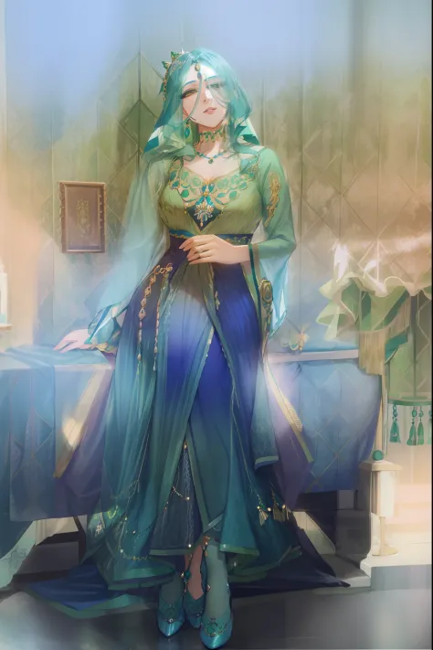 a woman in a green anarkah suit posing for a picture, an elegant green, blue colored traditional wear, turqouise, with teal clot...