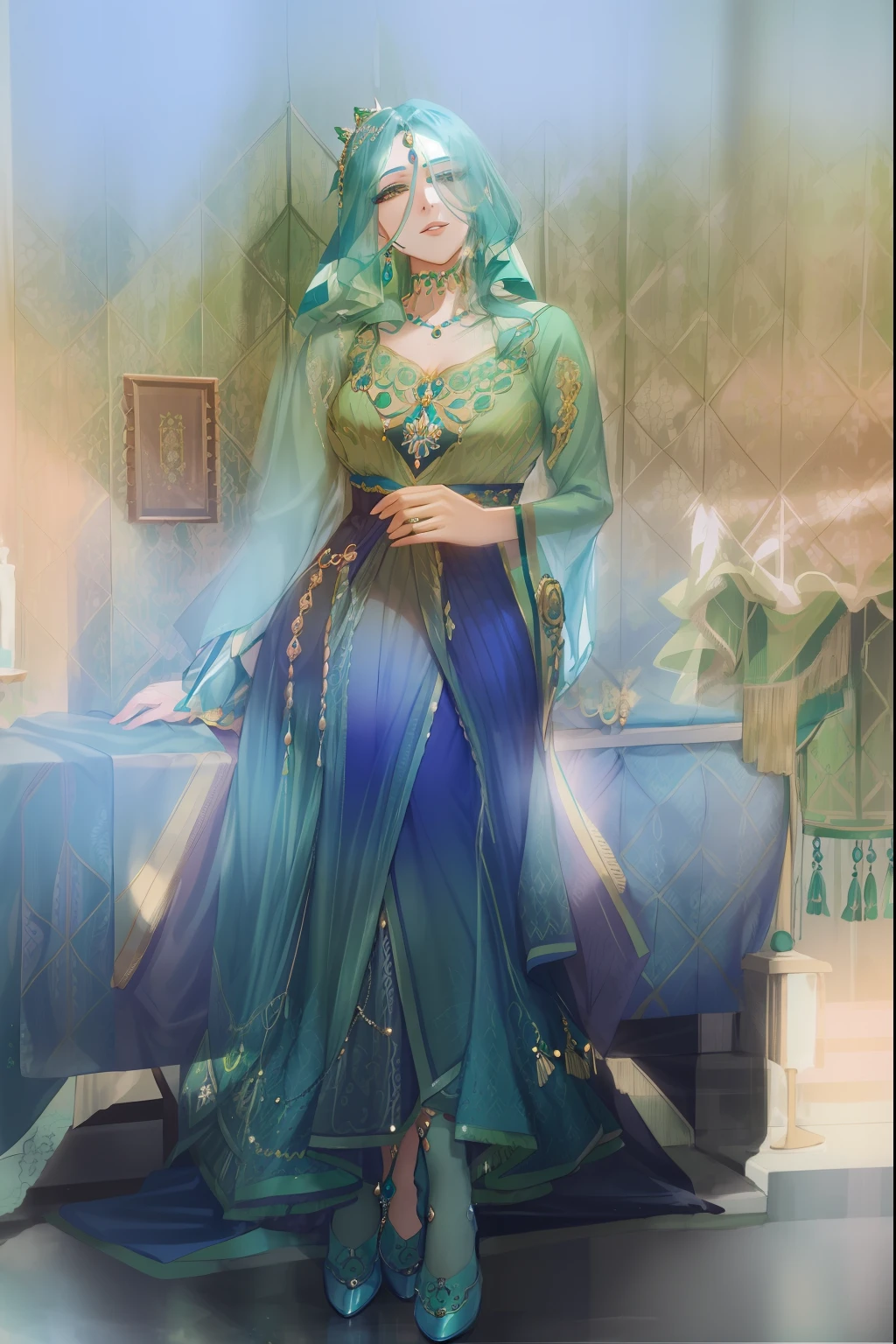 a woman in a green anarkah suit posing for a picture, an elegant green, blue colored traditional wear, turqouise, with teal clothes, idian dress, very beautiful enga style, turquoise, wonderful masterpiece, beautiful masterpiece, teal suit, actress, turquoise gold details, wearing elaborate green and gold, inspired by Ambreen Butt, royal gown