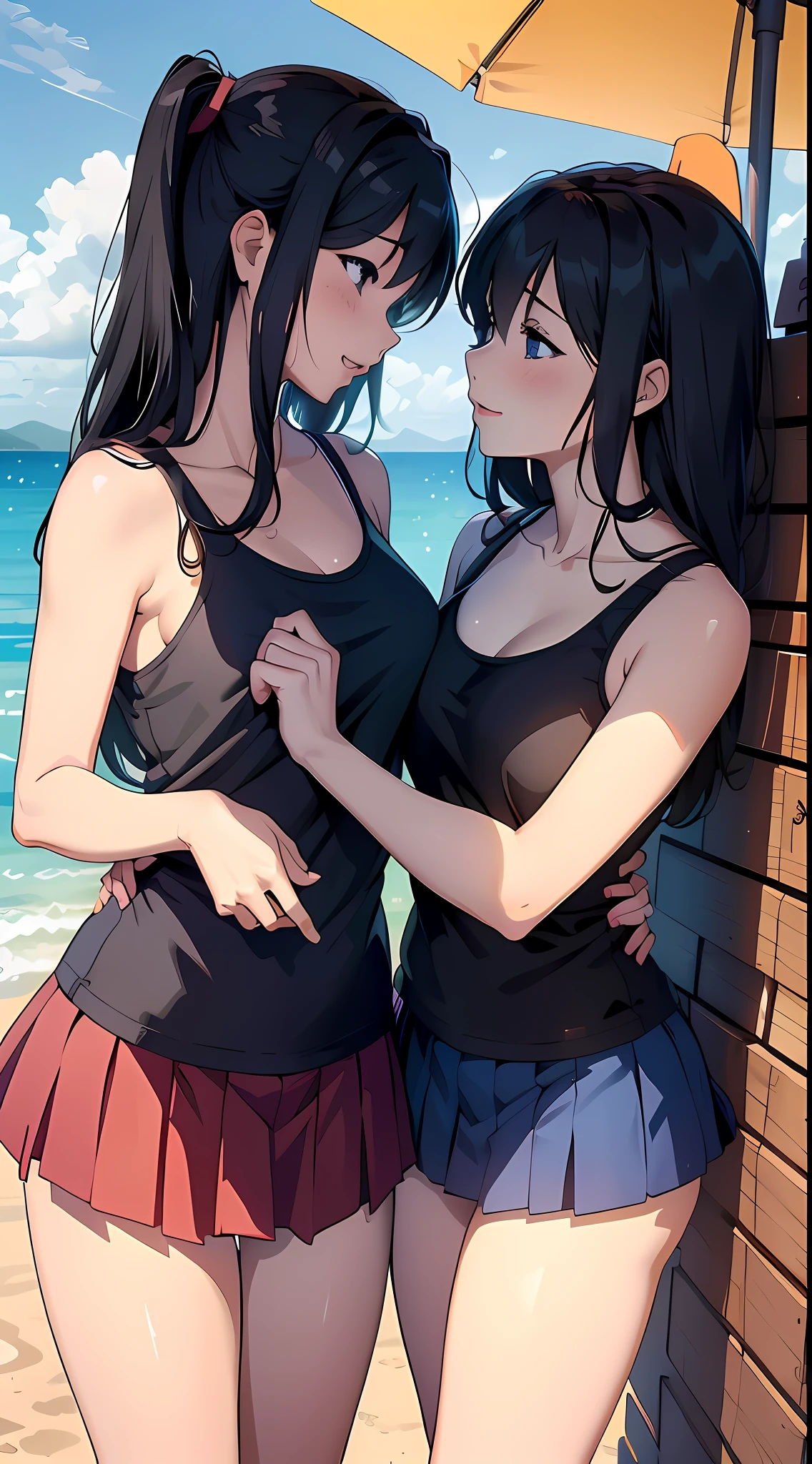 Two women in swimsuits standing next to each other on a beach - SeaArt AI