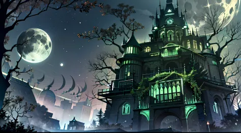 Look up，（Moon Night），（Oversized fantasy skeleton fortress：1.4），（（Skeleton Castle）），tree branch，Lots of branches，greenish tinge，g...