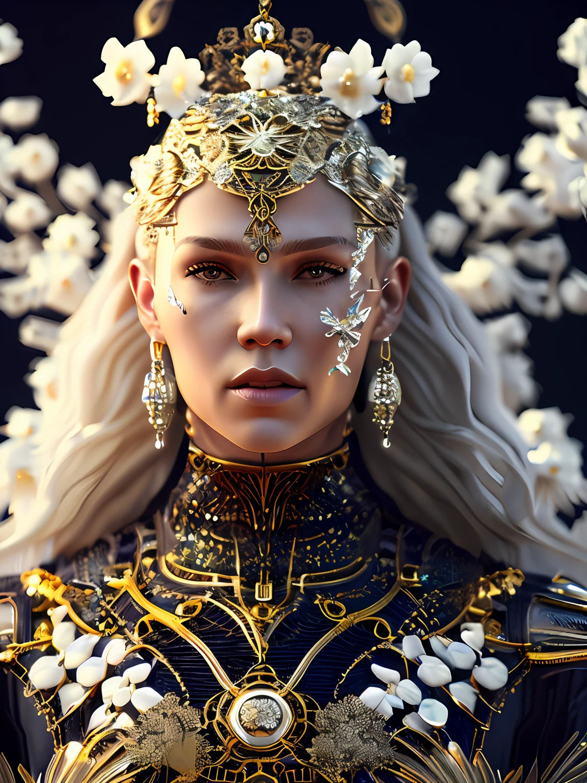 Complex 3 d render of a beautiful fascinating biomechanical female cyborg with a porcelain face, analog, beautiful natural light, rim light, 1 5 0 mm lens, aztec warrior, feathers, piercing, aztec tattoos, white blossoms, vanilla leaves and stems, sinuous roots, white blossoms, fine foliage lace, steampunk, silver gold filigree details, alexander mcqueen high fashion haute couture, pearl earring, art nouveau fashion embroidered, hexagonal mesh wire, mandelbrot fractal, facial muscles, cable wires, microchip, elegant, beautiful natural light, studio lights, rim light, highly detailed, hyperrealistic, sharp, octane render, h. r. giger style, volumetric lighting, 8 k post production