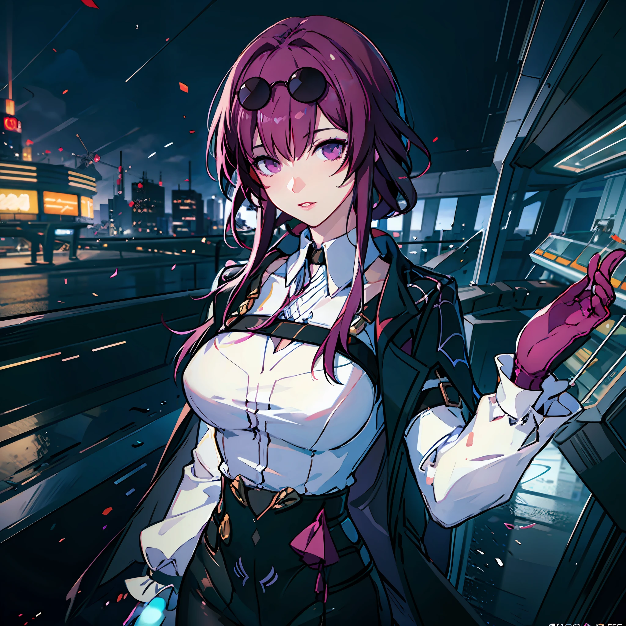 masterpiece, best quality, purple hair, purple eyes, sunglasses, light, realistic, photo, science_fiction, huge_filesize, in the cyberpunk city, steam, masterpiece,best quality,official art,extremely detailed CG unity 8k wallpaper, girl, solo, bishoujo, incredibly_absurdres, small breasts, bust,