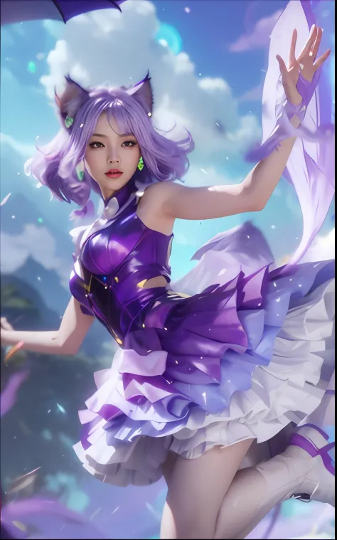 a close up of a woman in a purple dress with a cat tail, seraphine ahri kda, ahri, beautiful celestial mage, extremely detailed artgerm, portrait of ahri, ! dream artgerm, full body xianxia, kda, artgerm lau, style of artgerm, ig model | artgerm