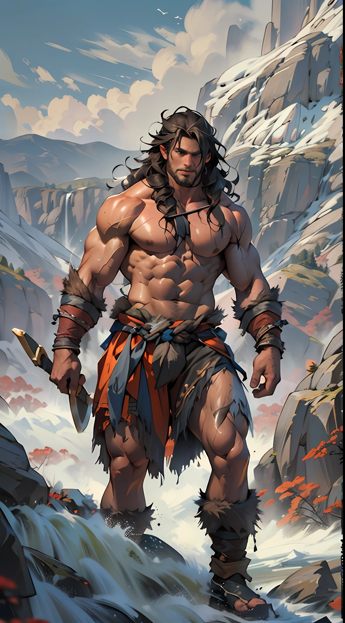 Muscular barbarian, upper body unclothed, legs uncovered from thighs to feet, flowing long curls, detailed muscular physique, lifelike representation, 4K resolution. Background: Wild untamed wilderness with rugged mountains,32k uhd, best quality, masterpiece, super detail, high details