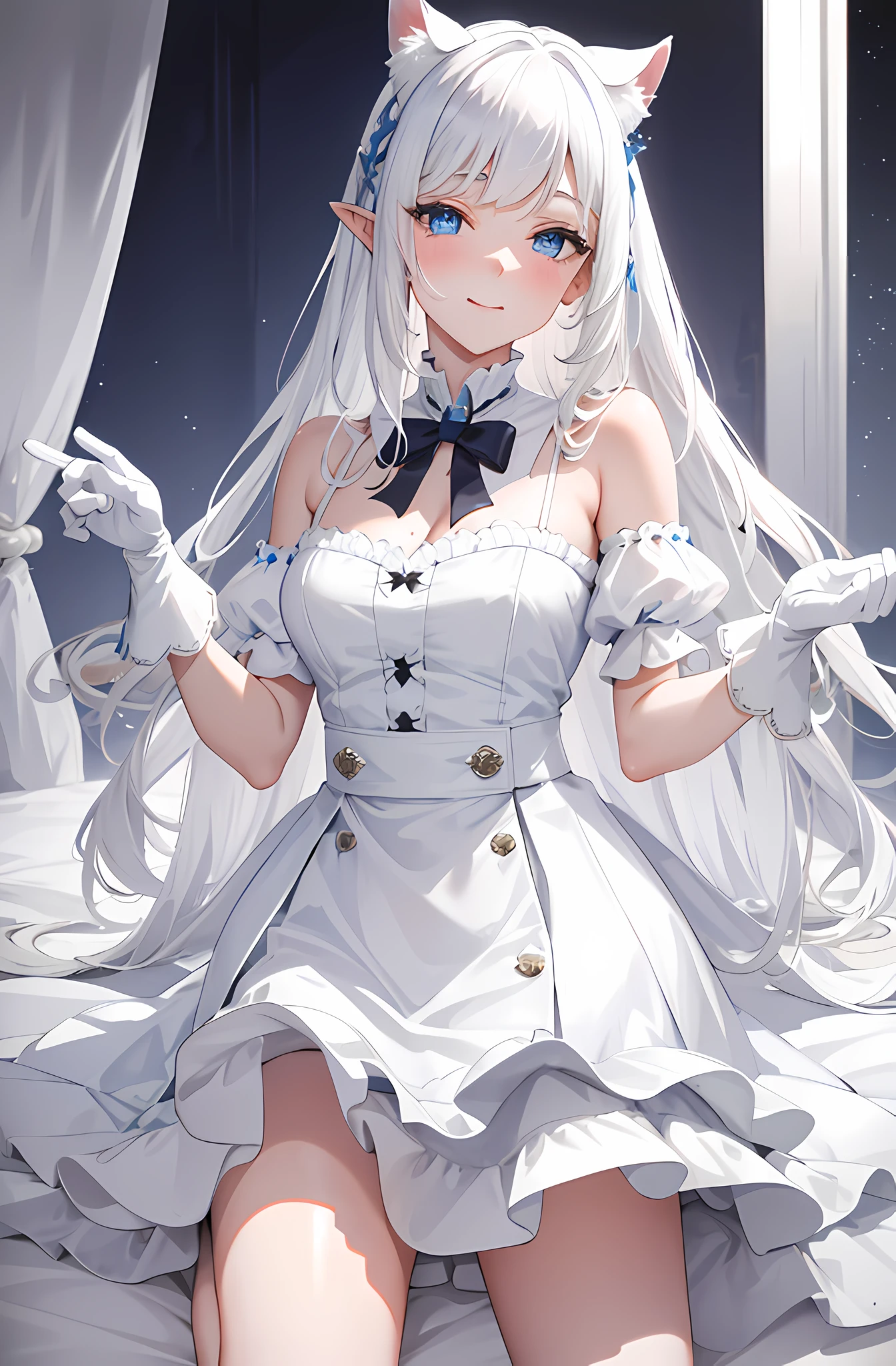 Lazy wind，wide blue eyes，White hair，Dull hair，Beast-eared maiden，White tones，sitted，1girll，Solo，adolable，white dresses，Big hazy eyes，Facial details are exquisite，Beth，onbed，Impeccable，Cute pose，Plush cat's paw gloves，Shy laugh，The complexion is reddish