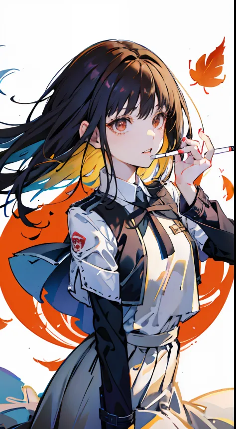 anime, looking at viewer with a cigarette in her mouth, highly detailed with reflections transparent iridescent opaque jacket, long transparent iridescent rgb hair, 1girl, solo, leaf, school uniform, serafuku, long hair, red neckerchief, blurry, sailor col...
