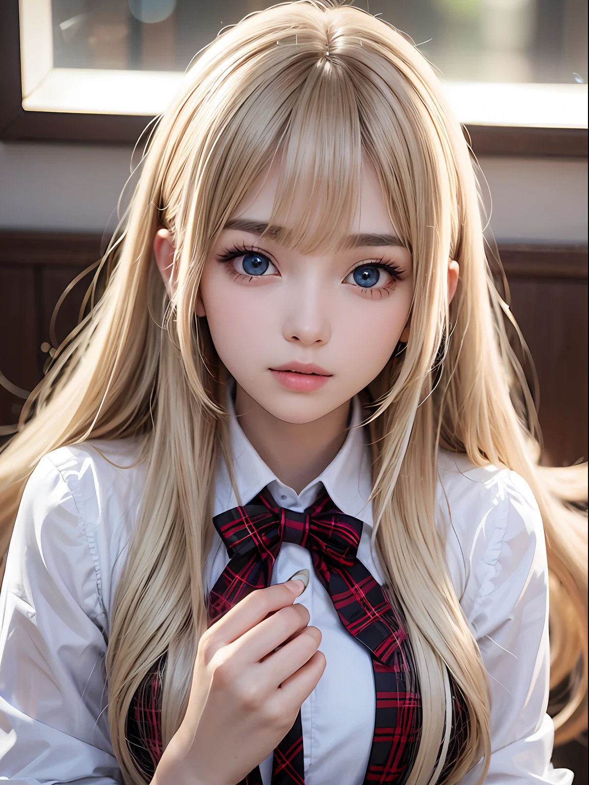 portlate、School Uniforms、Bright and very beautiful face、Young shiny shiny white shiny skin、Best Looks、Platinum blonde hair with dazzling highlights、Super long silky straight hair、Beautiful bangs that shine、Glowing crystal clear big blue eyes、Very beautiful nice cute 14 year old girl、