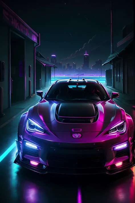 retrowave。sity、Toyota 86、Wide Body Kit、Wagas、purple neon、suns、a closeup
(​masterpiece、detaileds、hight resolution)、