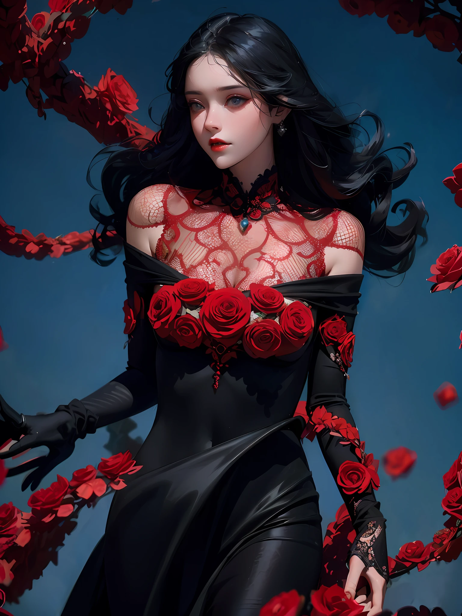 32k full body abstract photo，bright detail，A beautiful woman in a black dress, Coated with curly red rose granules, Blue sky palette, James Jean, insanely details, Very detailed, Epic, Dramatic, Photorealistic, Photography, Super gorgeous details, Bokeh, Special, Ultra detail, unreal