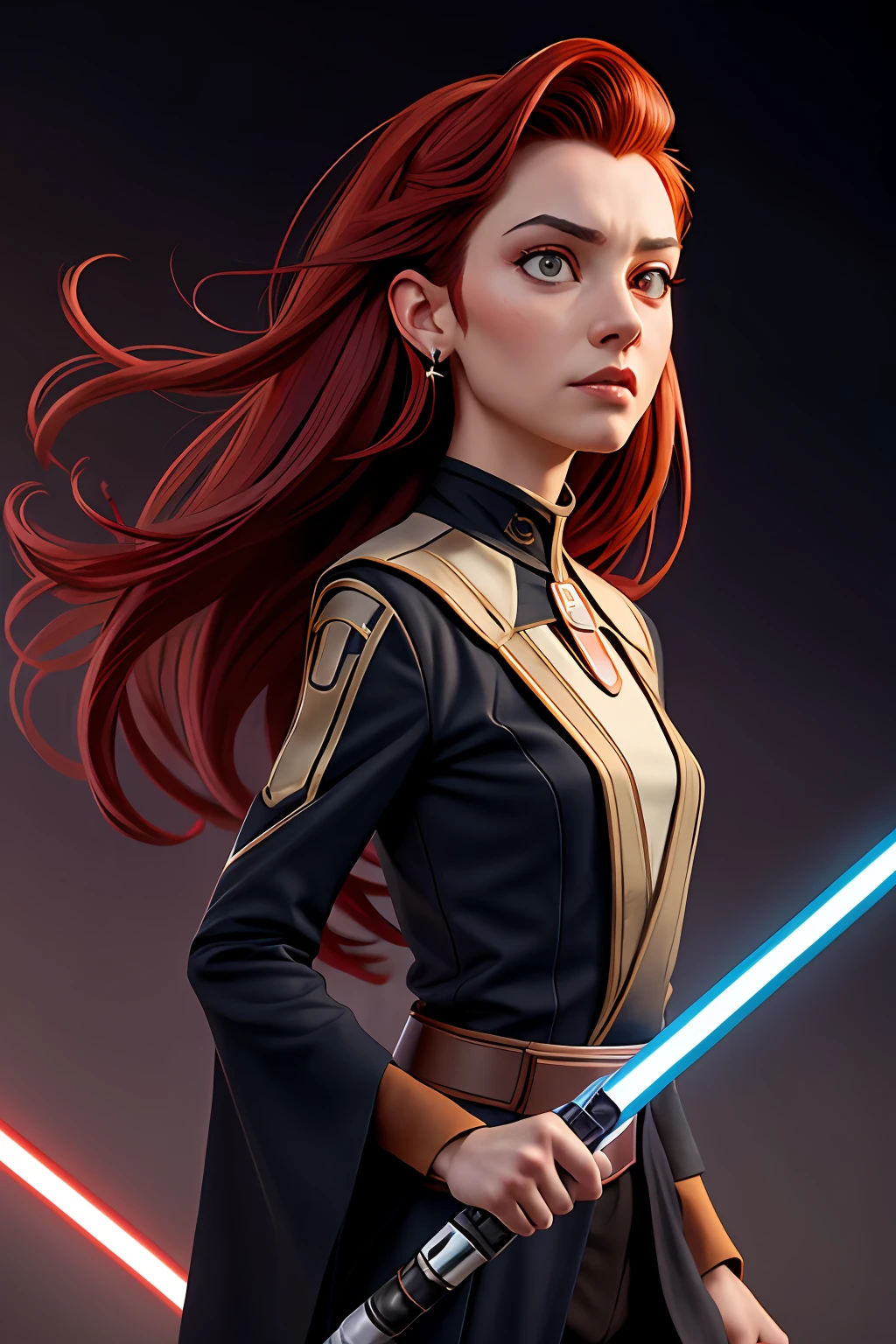 highy detailed, high qualiy, master part, long flowing red hair, arielwaifu,  yellow  eyes, vred, evil eyes, A Star Wars Jedi Grandmaster in the style of Mark Demsteader