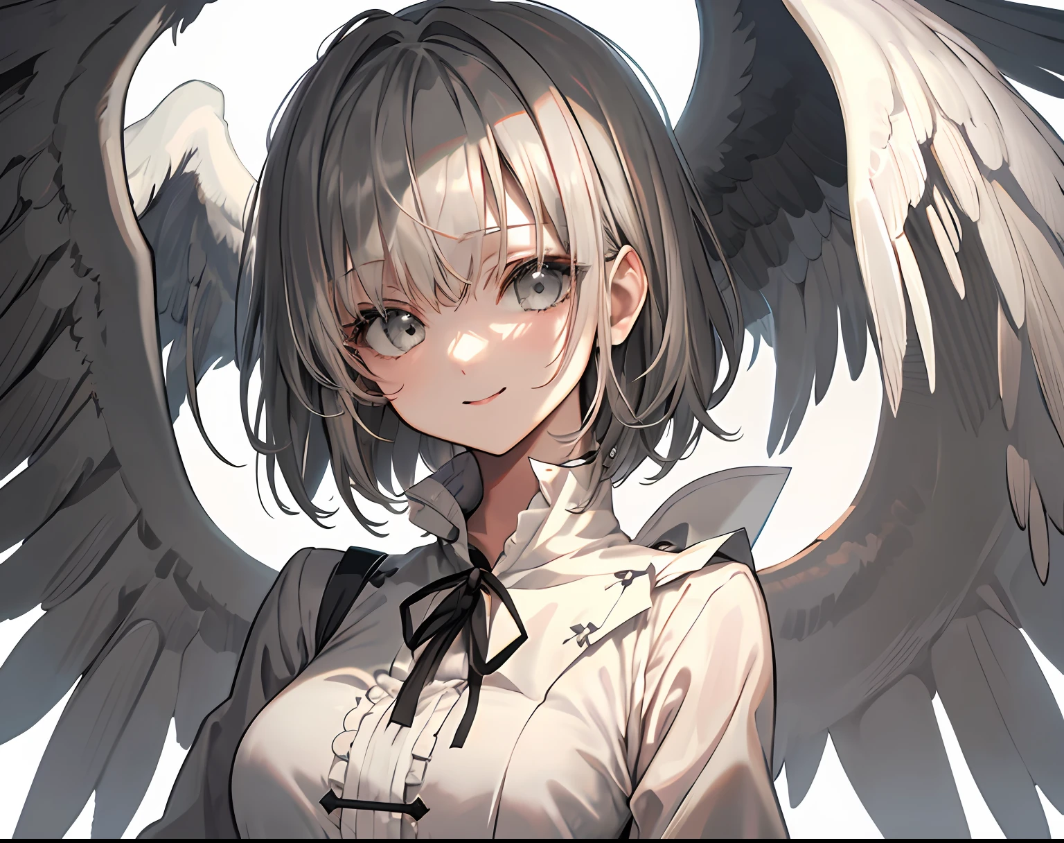 【Highest Quality, masutepiece】 [girl, Manteau, expressioness, Gray eyes, front facing, Short hair, Walking, Upper body] (Gray white background:1.7), Angel Wings, Smile, Cute breasts