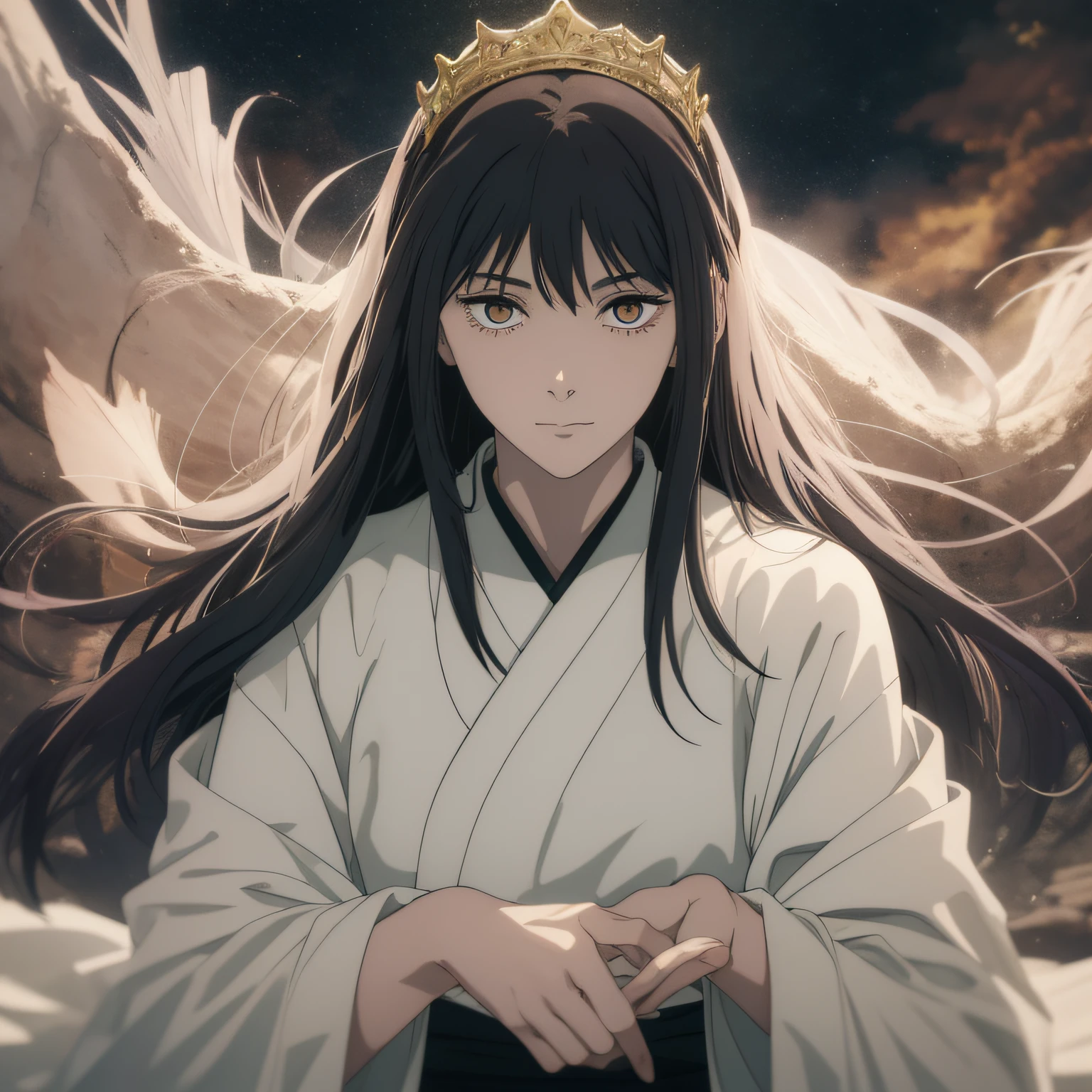 A pale woman with long black hair, wearing a white Kosode, a red andon hakama and uchikake, showing a nice cleavage, wore a golden tiara like a crown, their eyes were different colors, the right white as the clouds and the left black as the night, He held in his hands a kind of flashlight, fantasy scenery, anime styling, Highly detailed epic image, lighting cinema