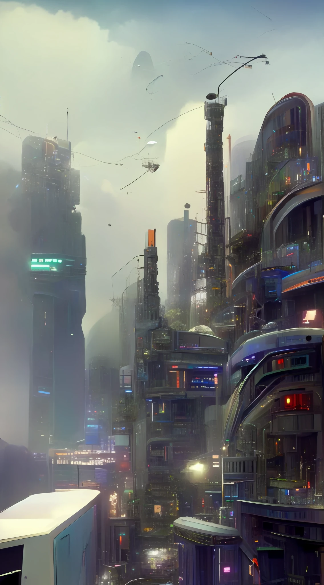 Il n&#39;y a pas de véhicules à Rain City、Un monde cyberpunk sans humains，tiré de loin，Angle de surplomb，Détail extrêmement fin，beauté unique。