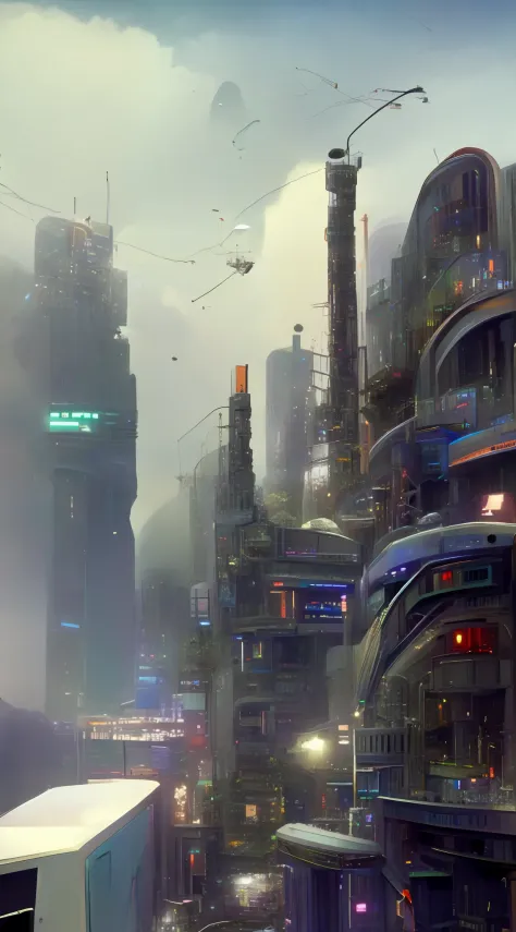 There are no vehicles in Rain City、A cyberpunk world without humans，shot from a far distance，Overlooking angle，Extremely fine detail，Unique beauty。