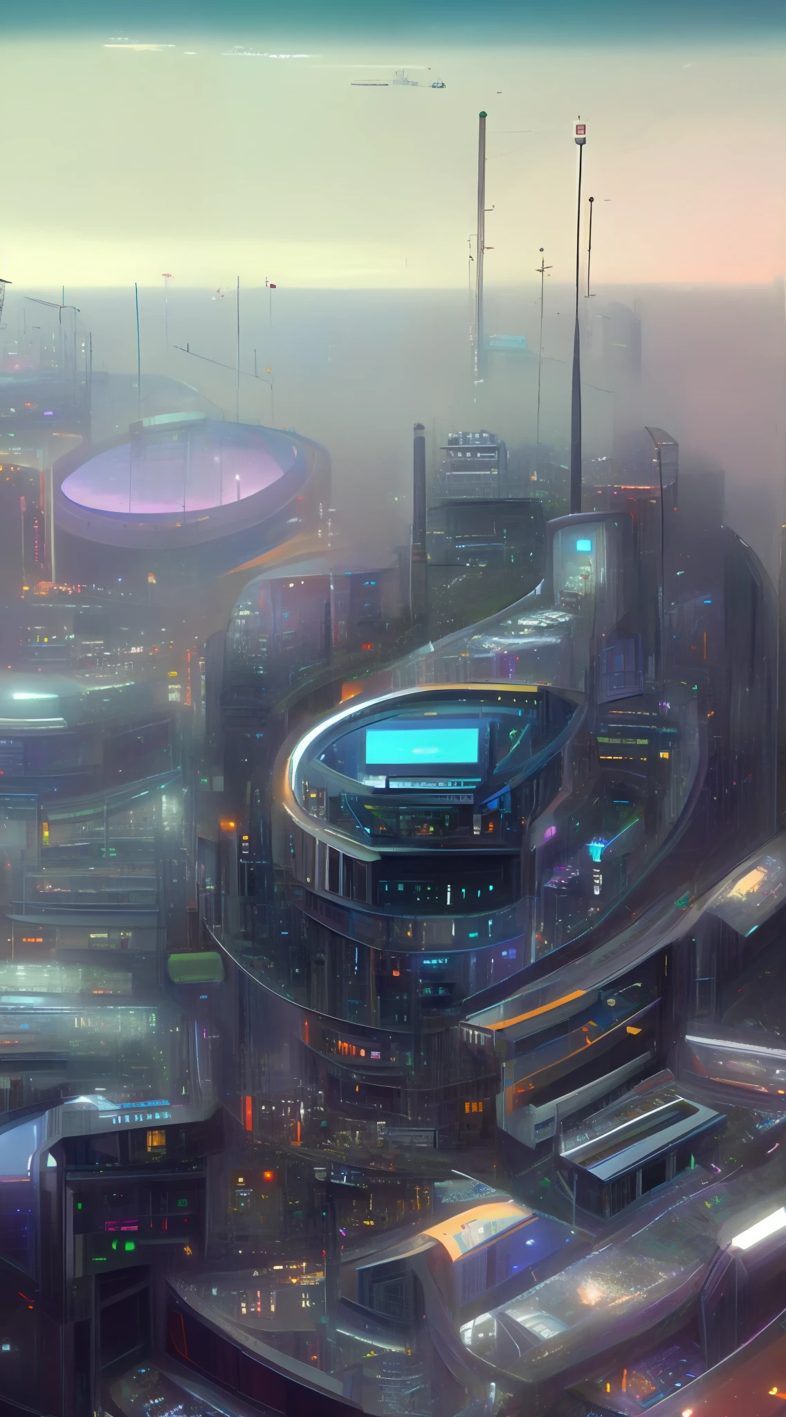 There are no vehicles in Rain City、A cyberpunk world without humans，shot from a far distance，Overlooking angle，Extremely fine detail，Unique beauty。