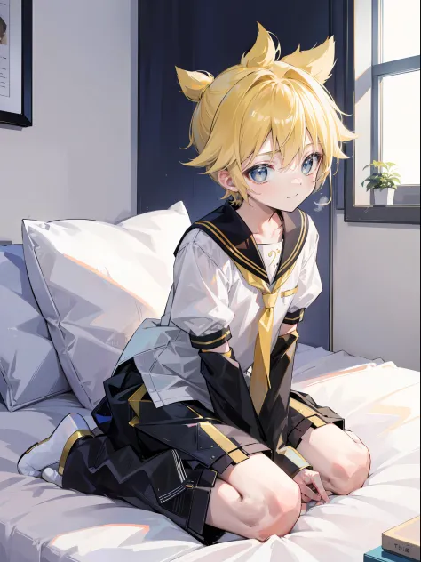 best quality, ultra precision, (one boy), (Len_Kagamine), blond hair, cowlick, bedroom, character focus, black short pants, sail...