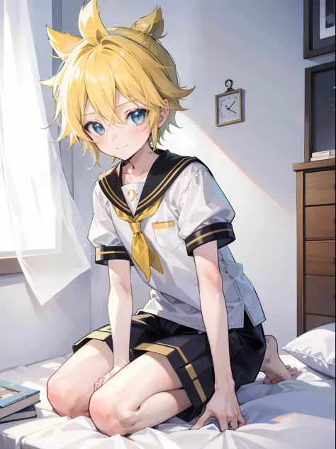 best quality, ultra precision, (one boy), (Len_Kagamine), blond hair, cowlick, bedroom, character focus, black short pants, sail...