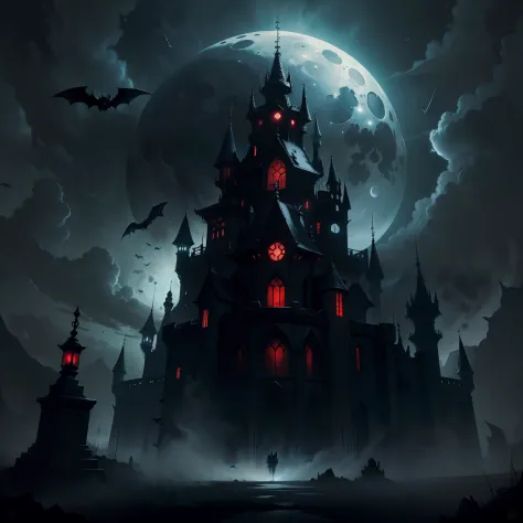 themoon，Black night，Fortress of fantasy，borgar，Artistically，the bats，Blood-red moon，Demons in the sky