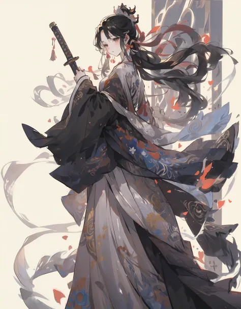 Anime characters with sword and clothes on white background, by Yang J, Onmyoji detailed art, flowing hair and long robes, Beautiful character painting, Palace ， A girl in Hanfu, From Arknights, Guviz-style artwork, she is holding a sword, Guviz, onmyoji, ...