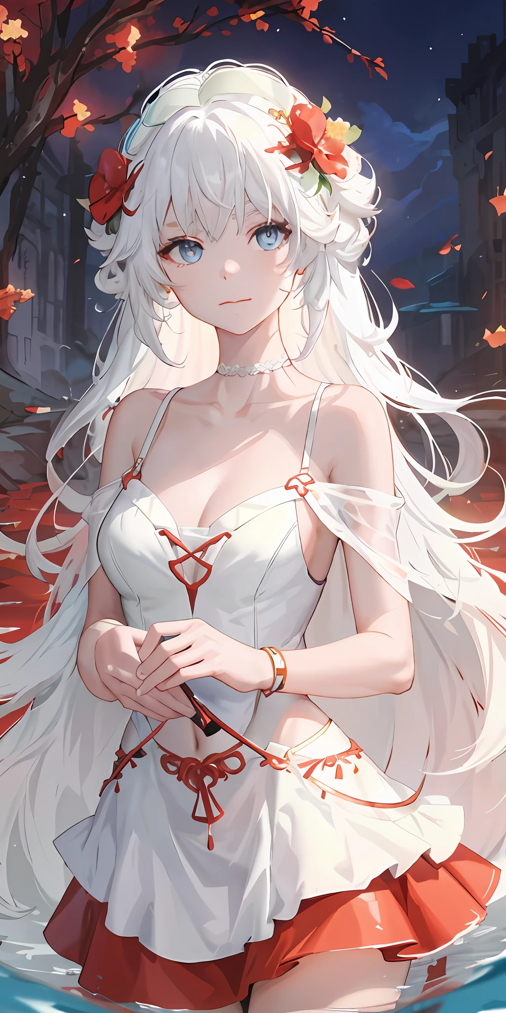 tmasterpiece， Best quality at best， high light， 1girll， solo， long whitr hair， Hats， eBlue eyes， White hair， messy  hair， black glove， white legwear， ， Mini skirt， tight top， holding a weapon， Riffey， squatt，