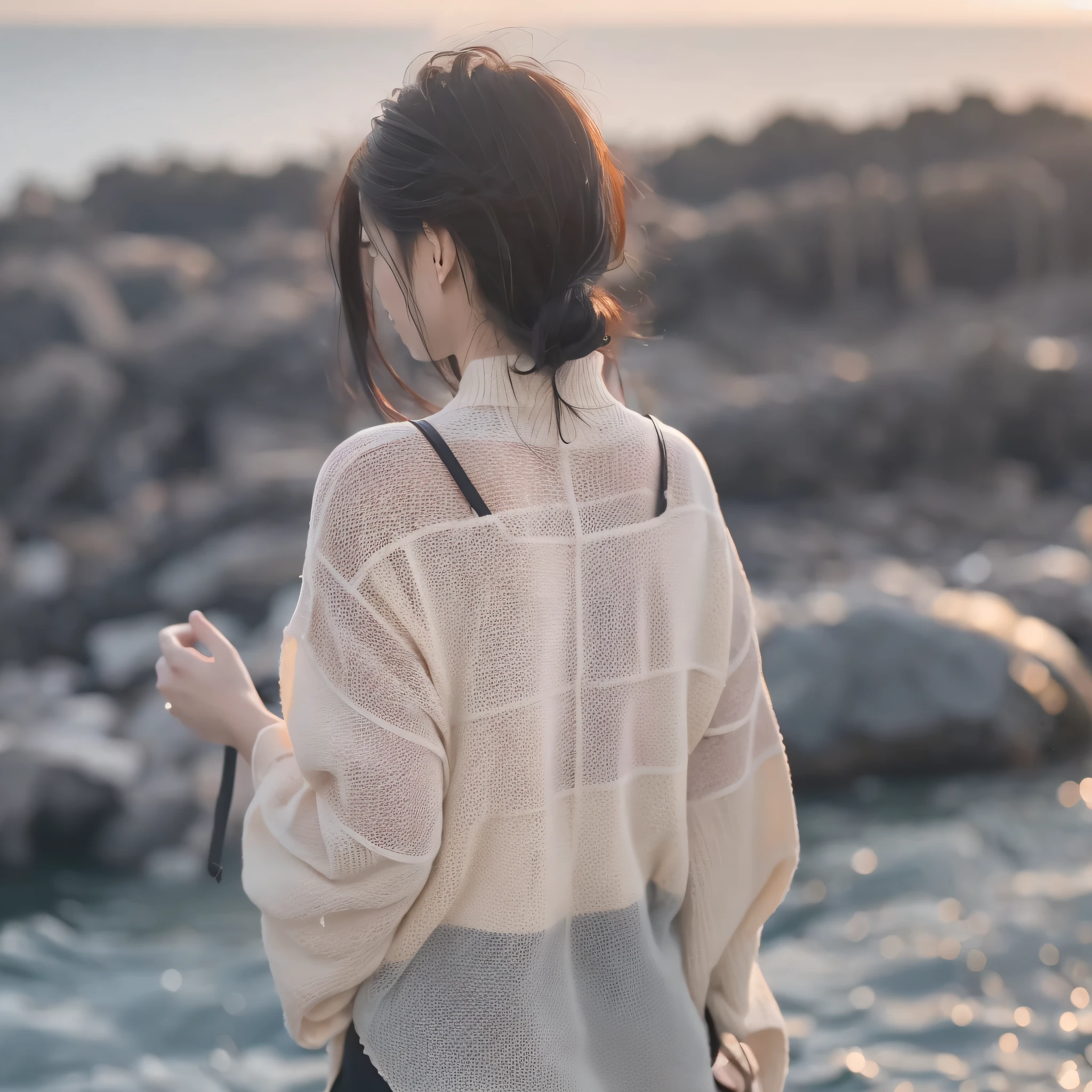 A beautiful woman watching the sunset by the sea, black hair, attention to detail, to see hands in black and white clothes standing with their backs
