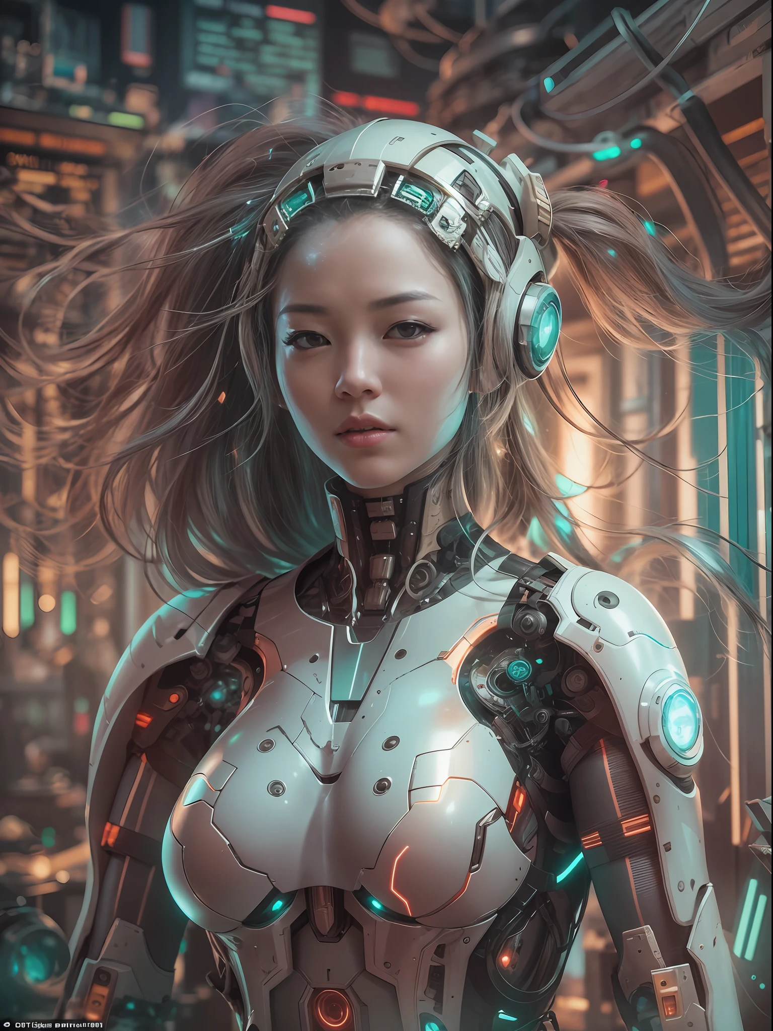 In this breathtaking 8K portrait photo, a beautiful cyborg robot girl in the style of "Goddess of Victory Nikke" captivates with intricate and elegant details. Her skin is formed by digital optical fiber, creating a mesmerizing effect under soft and volumetric lighting. This concept art by the talented artists Otomo Katsuhiro, Hyung-tae Kim, and Oshii Mamoru combines cyberpunk, sci-fi, and fantasy elements with smooth and sharp focus. The comic illustration style adds to the highly detailed and visually stunning portrayal of this futuristic character
