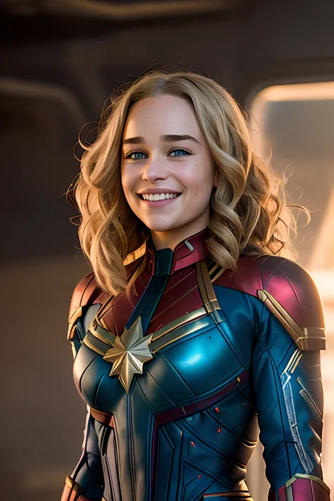 pretty Emilia Clarke as the  captain marvel, smiling, Night, soft lighting, dynamic angle, realistic lighting, smiling, happy, b...