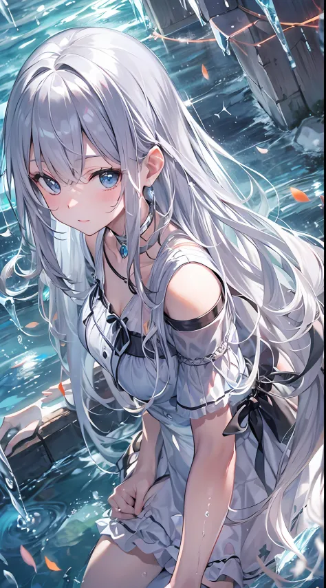 Top image quality　Original Characters、icy、Volume Lighting、Silver long hair、Summer Dresses、Tokyo Underground Labyrinth、Water chan...