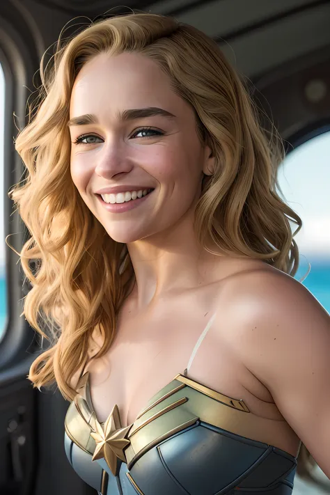 sexy Emilia Clarke as the  captain marvel, cleverage, smiling, beach, soft lighting, dynamic angle, realistic lighting, smiling,...